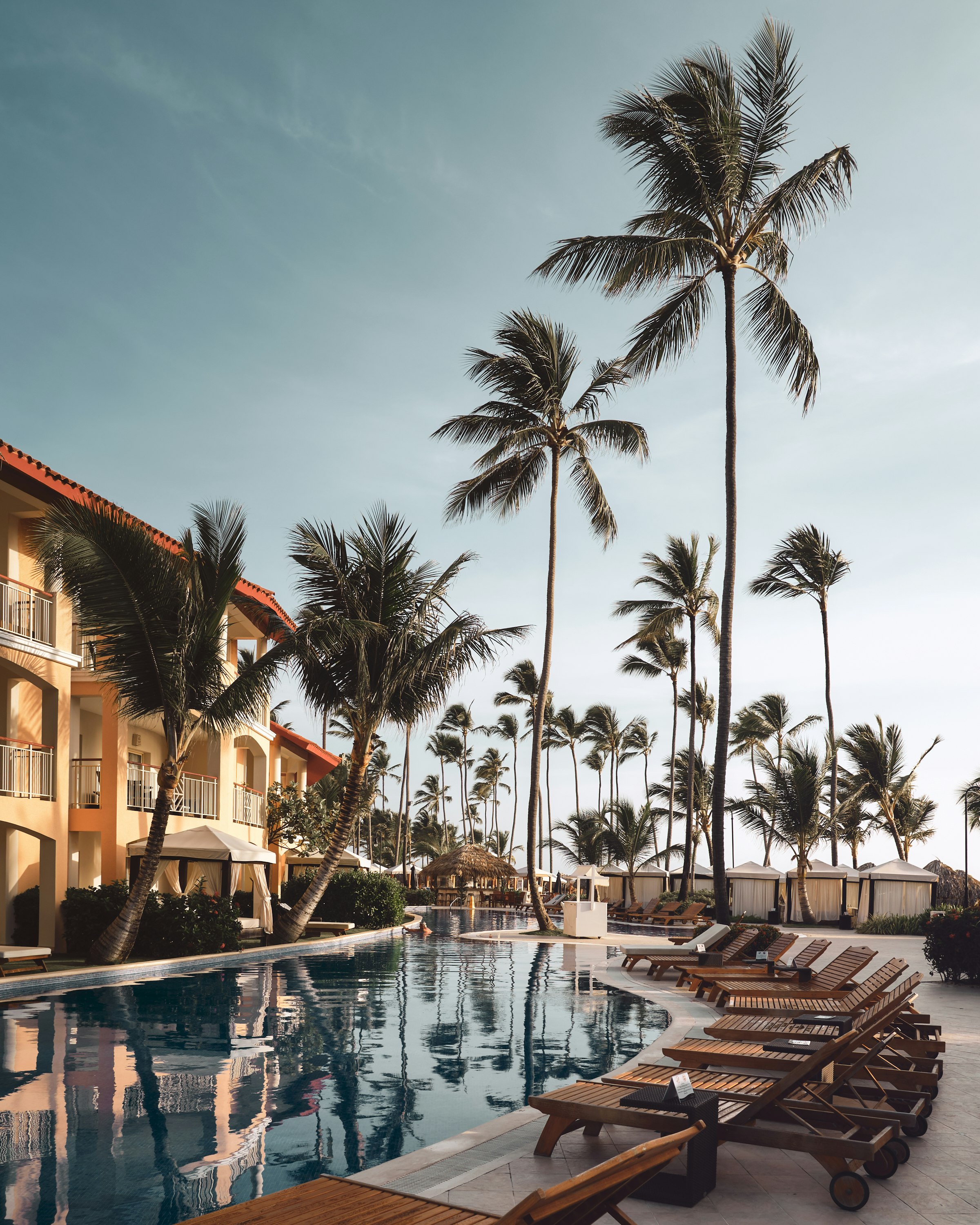 brown wooden lounge chairs near pool surrounded by palm trees